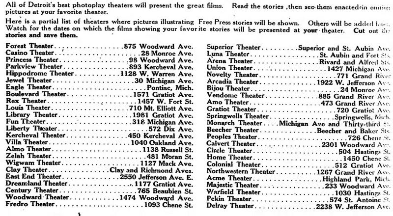 Forest Theatre - 1914 Listing From Det Free Press Showing Long Lost Theaters
